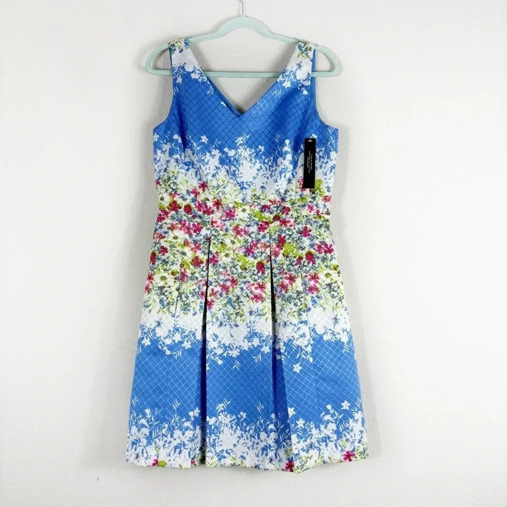 NWT Tahari Arthur Levine Blue Floral Fit Flare Sleeveless Tea Dress sz 10